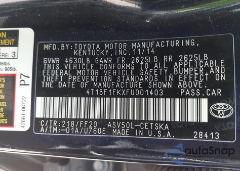 2015 Toyota Camry Se z USA, uszkodzony, nr VIN 4T1BF1FKXFU001403